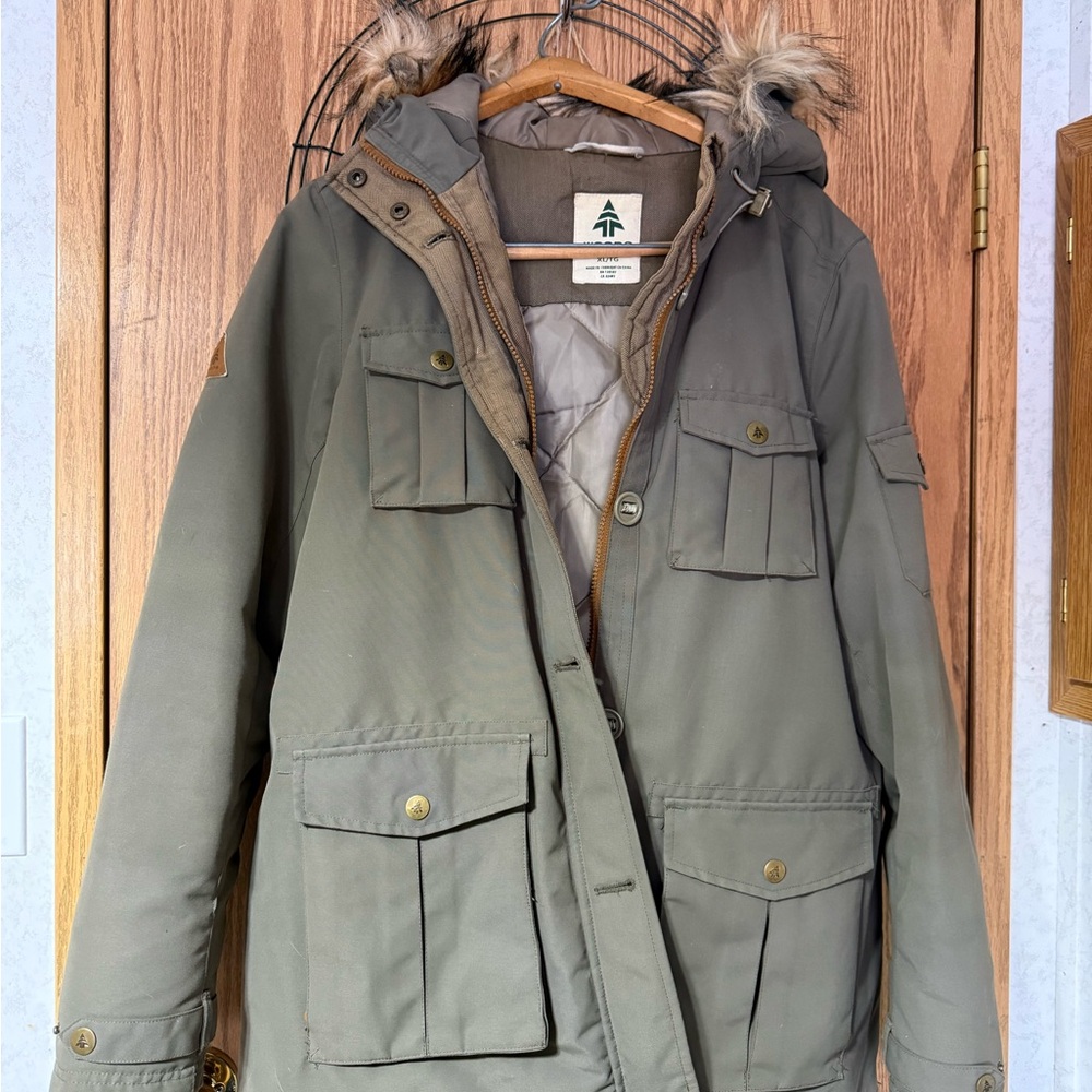 Dark Taupe/Olive Green Down and Feathers Winter Jacket with Faux Fur Trim